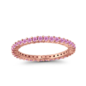 Full Eternity Wedding Round Rose Tone, Simulated Pink CZ Ring 925 Sterling Silver